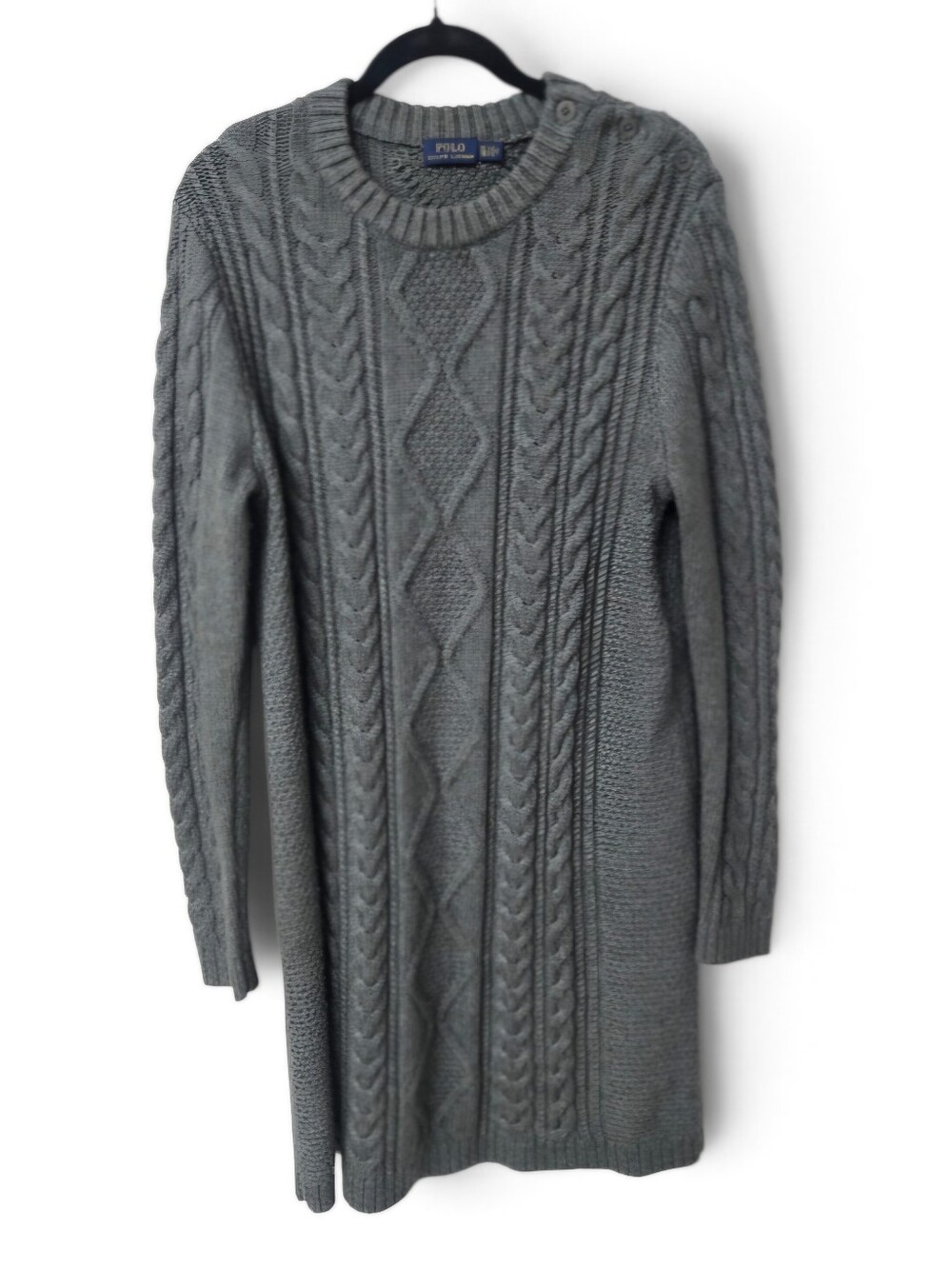 Polo Ralph Lauren Sweater Dress Gray Cable Knit Crew Neck Shoulder Buttons XL